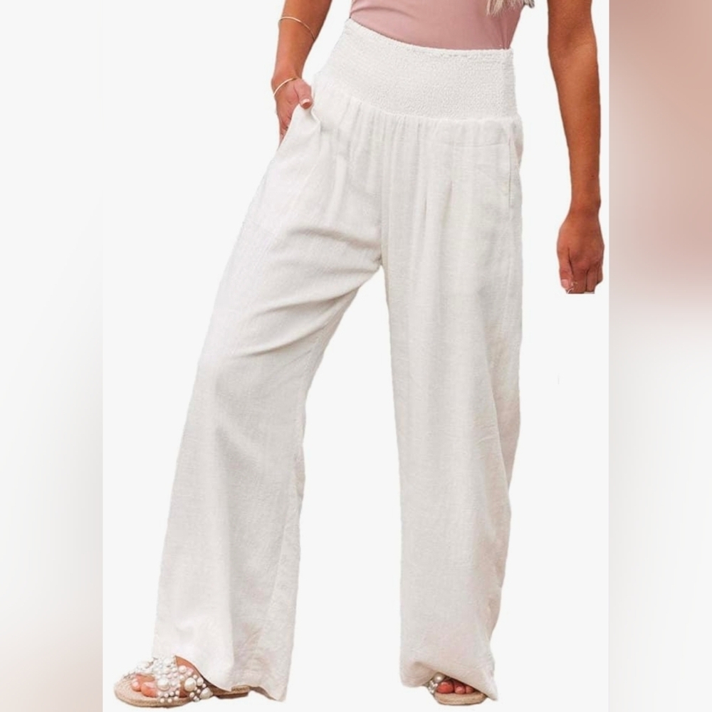 Elastic High Waist Wide Leg Palazzo Lounge Smocked Casual White Trousers  Pocket